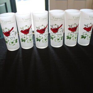 Vintage Frosted Virginia State Bird Cardinal & State Flower Dogwood Glasses - 6